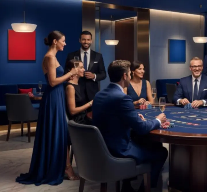 Invités échangeant autour d'une table de jeu dans une ambiance élégante