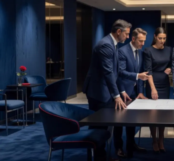 Équipe d'organisation en pleine préparation d'un espace événementiel chic et chaleureux.