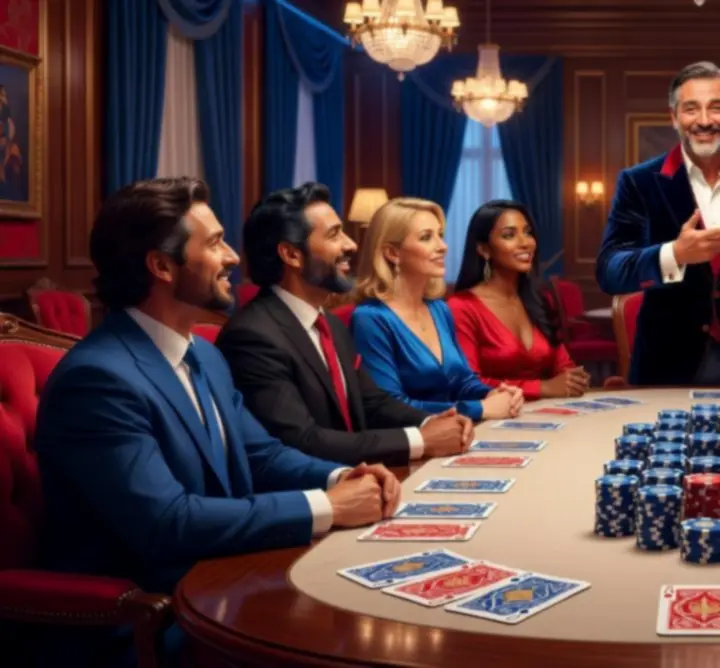 Animation sur table de poker dans une ambiance élégante, lumière tamisée et invités souriants.