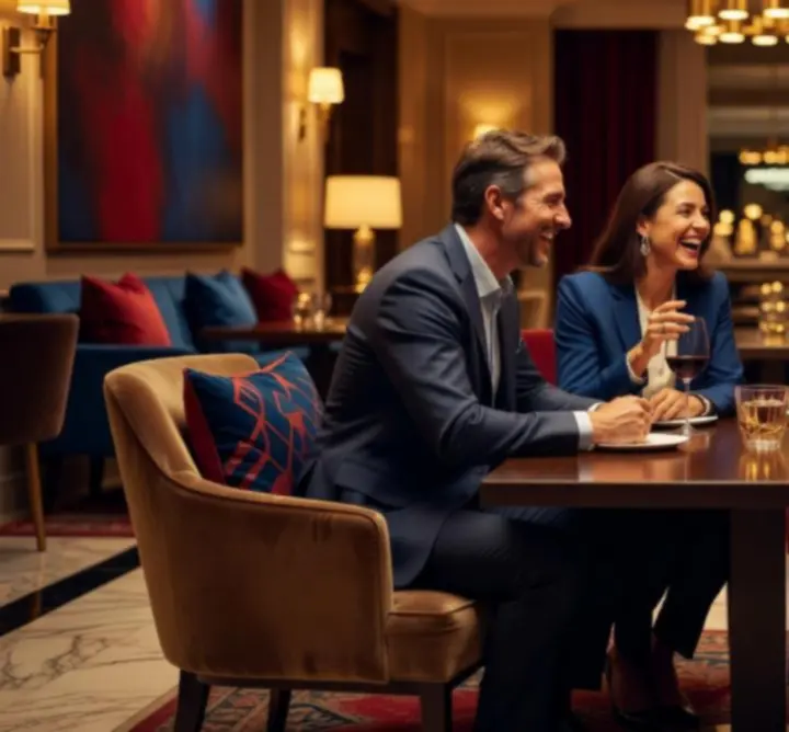 Invités réunis autour d'une table dans une ambiance nocturne élégante, lumière chaude et décor raffiné.