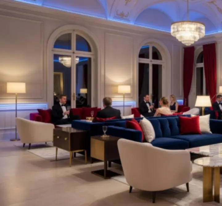 Intérieur de lieu événementiel luxueux avec éclairages chaleureux