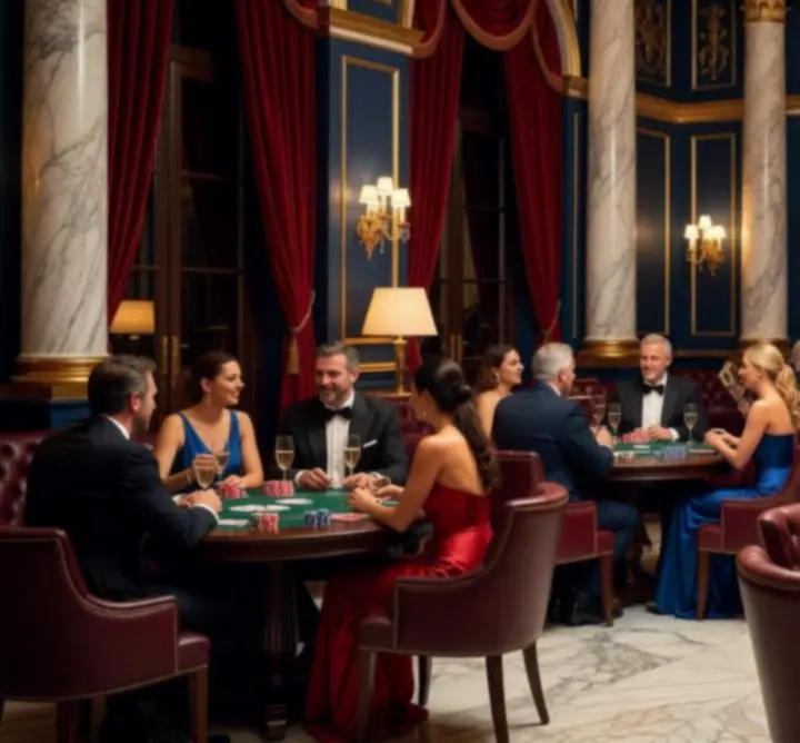 Ambiance de soirée de luxe avec table inspirée du poker et invités échangeant dans un cadre lumineux et élégant.