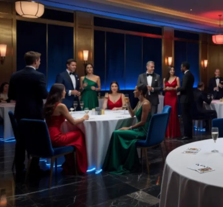 Soirée à thème chic avec table de poker élégante et invités en tenue de soirée