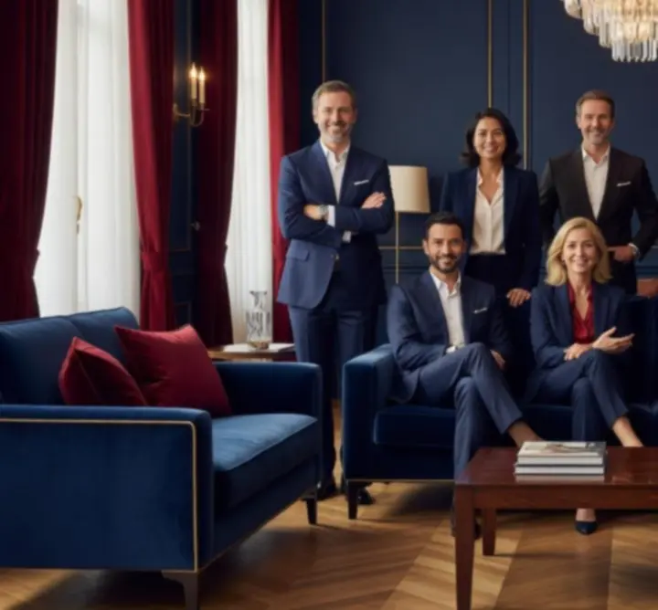 Photo d'équipe dans un décor de salon privé élégant, aux couleurs bleu nuit et rouge raffinées.